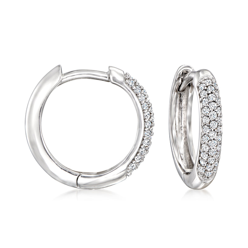 Sterling silver diamond hoop earrings with pavé-set front and hinged closure