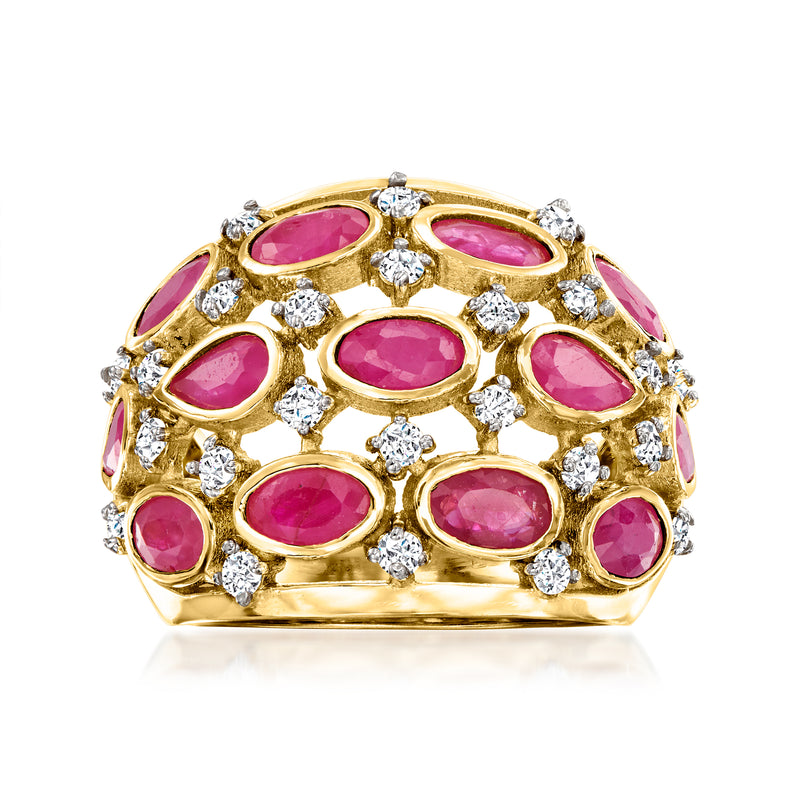 18kt gold over sterling ring with oval pink rubies and round white zircon accents