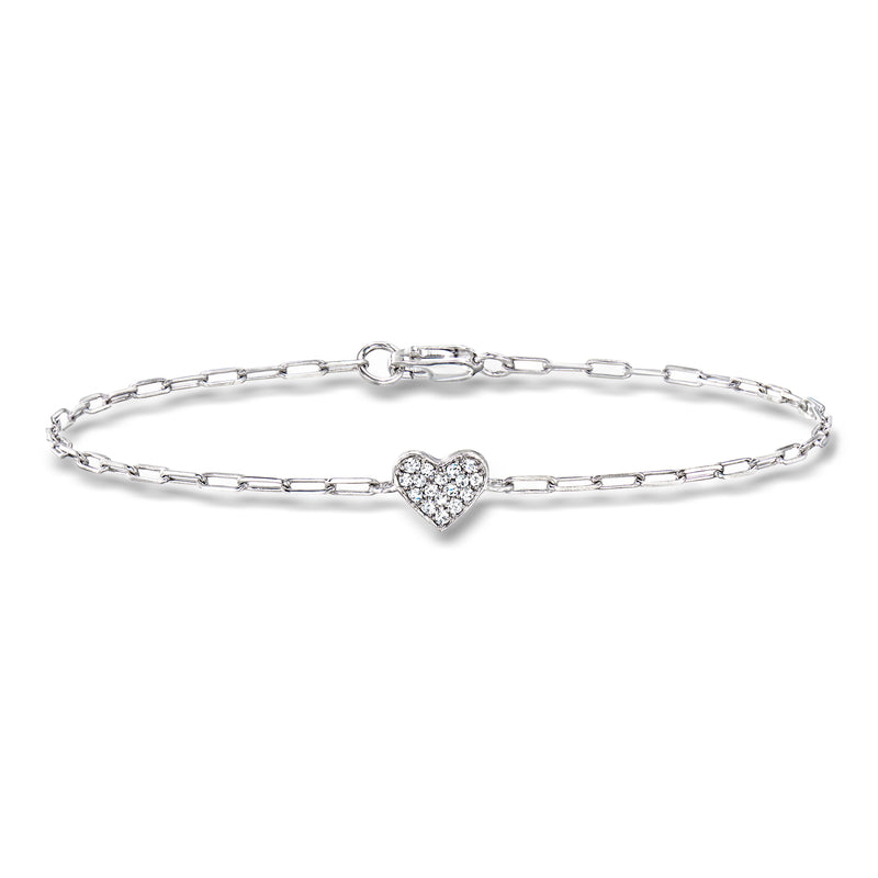 Sterling silver link bracelet with pave heart charm and clasp