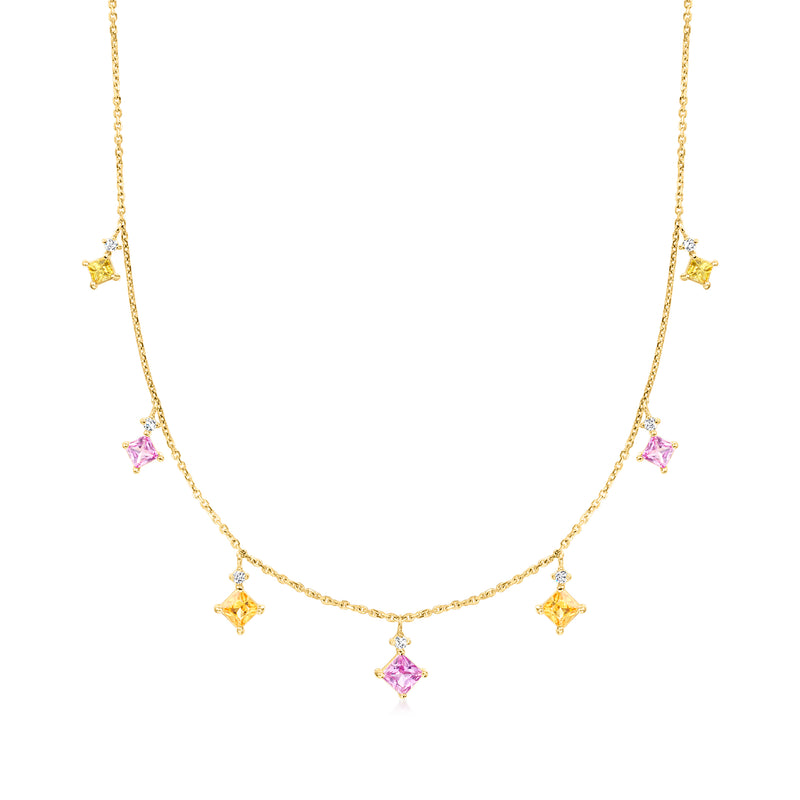 14kt yellow gold necklace with star sapphire charms in pink and yellow
