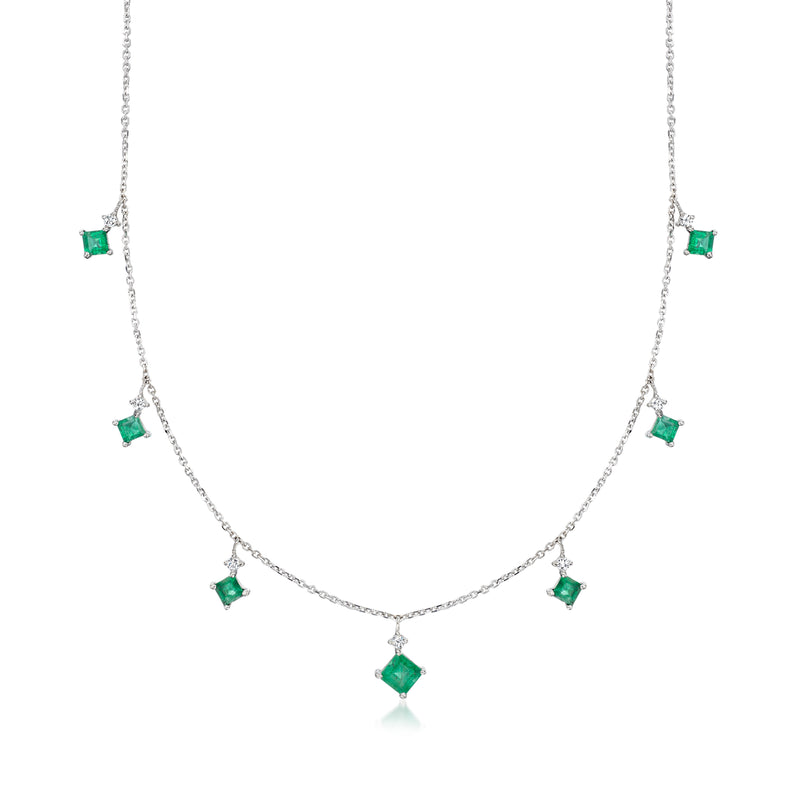 14kt white gold necklace with emerald-cut green stones and diamond accents