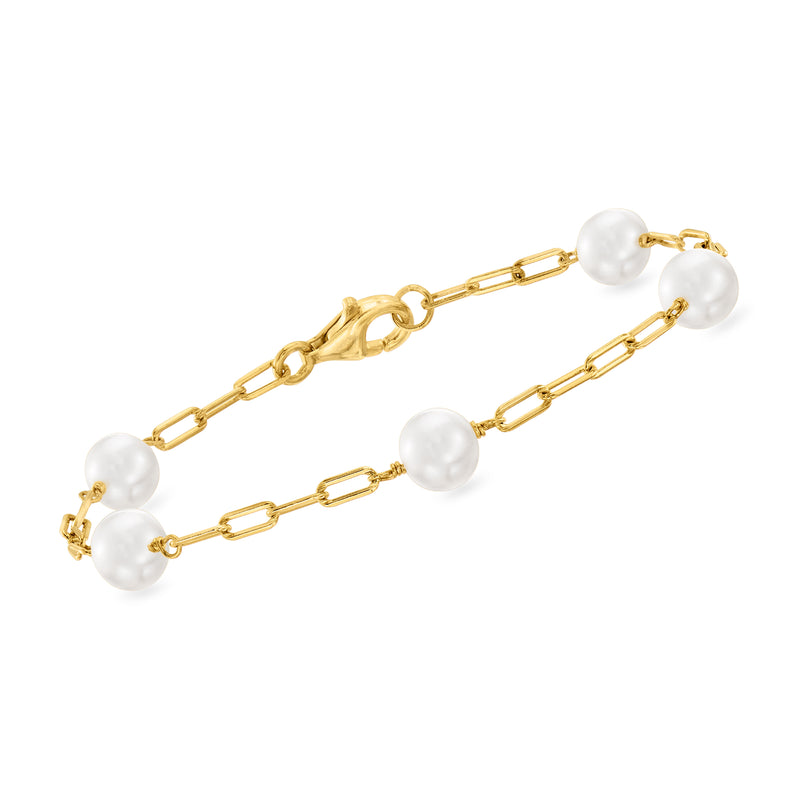 Gold-tone paper clip link station bracelet with white round cultured pearls