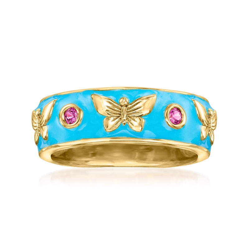 Butterfly blue enamel ring with gold band and pink gemstone accents