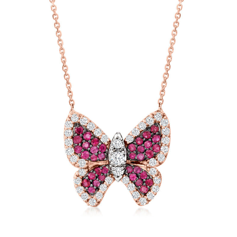 14kt rose gold butterfly necklace with ruby pink stone wings and diamond accents