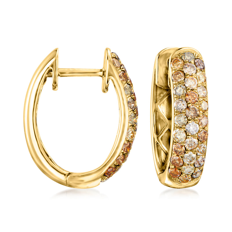 Yellow gold hoop earrings with multicolored diamond pavé front