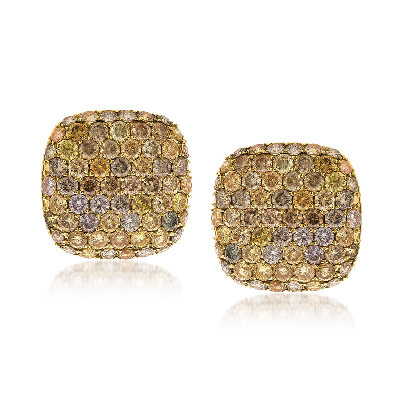Multicolored diamond stud earrings, cushion-cut stones in 14kt yellow gold.