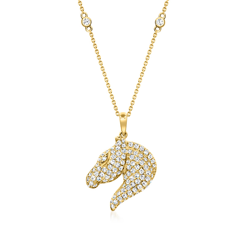 14kt yellow gold horse head diamond pendant necklace with round bezel-set stones