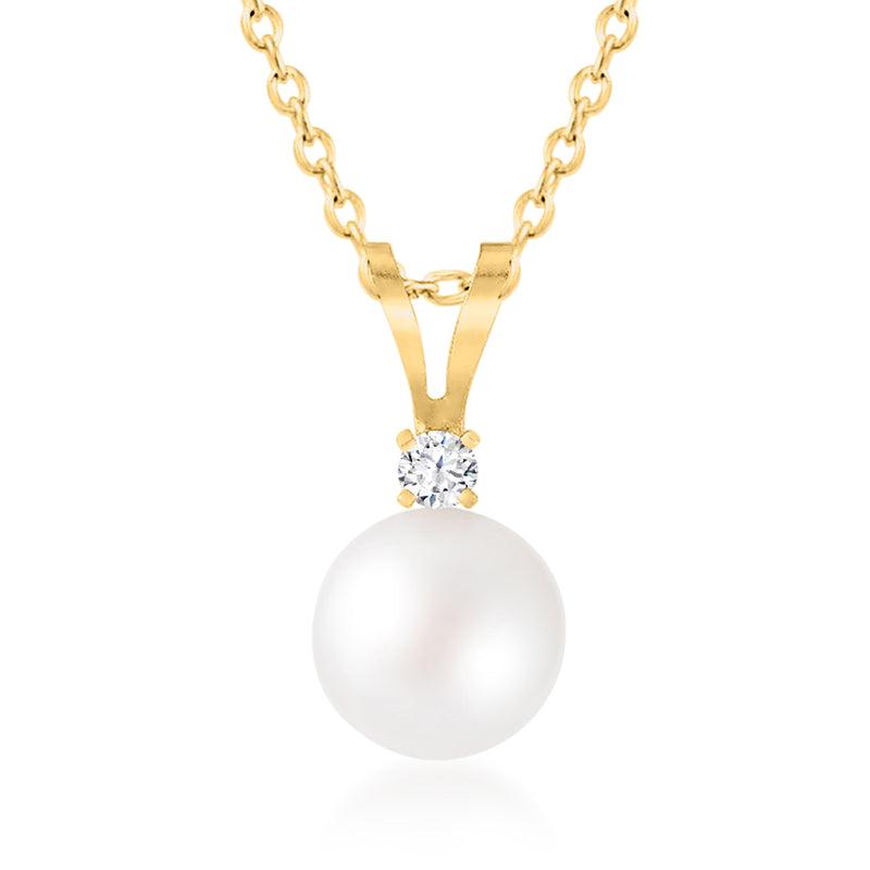 14kt yellow gold pearl pendant necklace with round white cultured pearl and single diamond