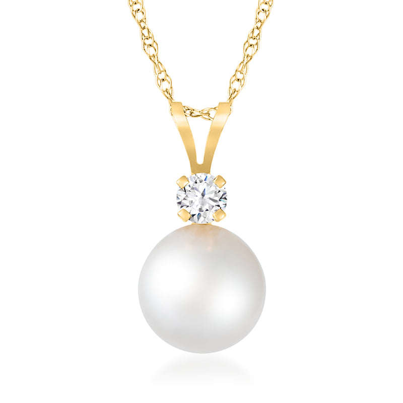 14kt yellow gold pearl pendant necklace with round white Akoya pearl and diamond cluster