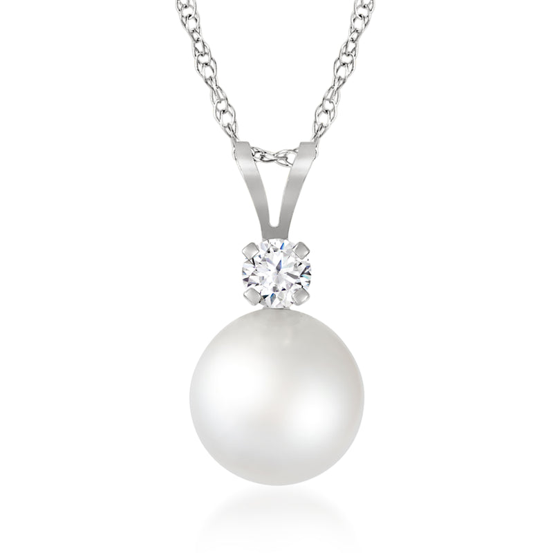 Cultured Akoya pearl pendant necklace with round diamond and white gold chain