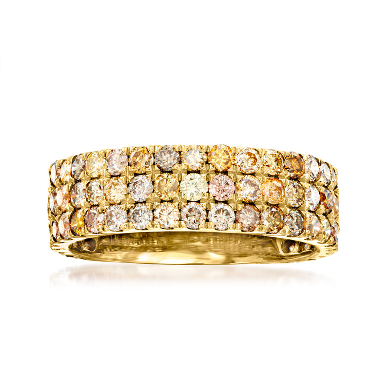 14kt yellow gold three-row diamond band ring with multicolored gemstones, round stones