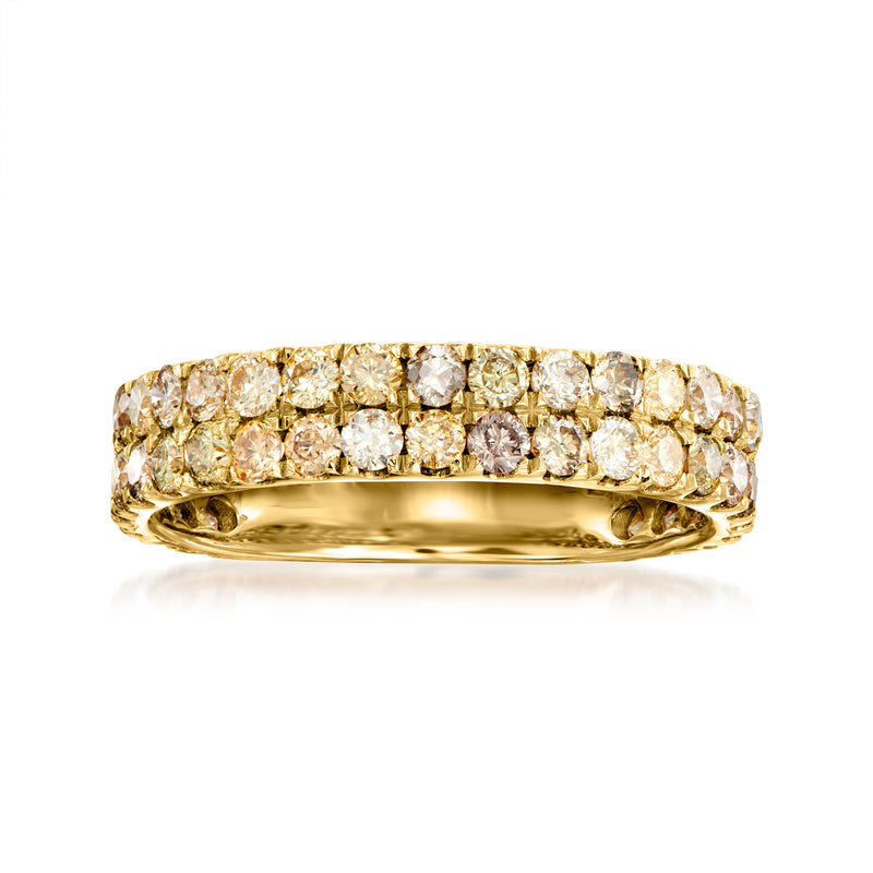 14kt yellow gold two-row multicolored diamond ring, front view