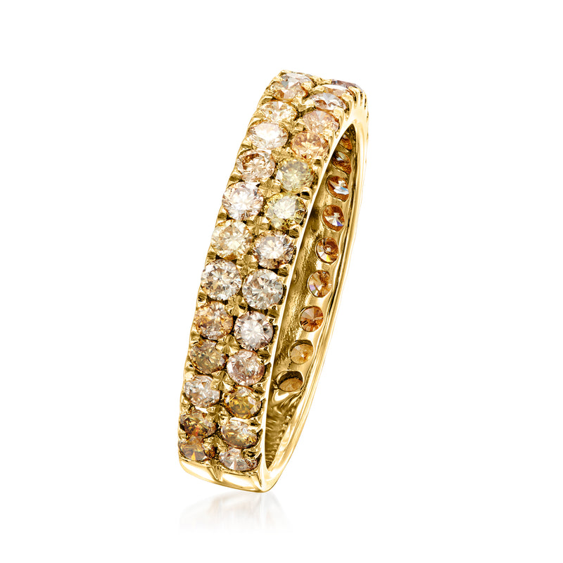 Two-row multicolored diamond ring in 14kt yellow gold