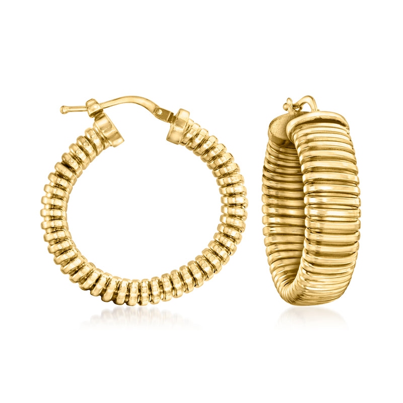Gold hoop earrings with ribbed tubogas texture and clasp, 18kt gold over sterling