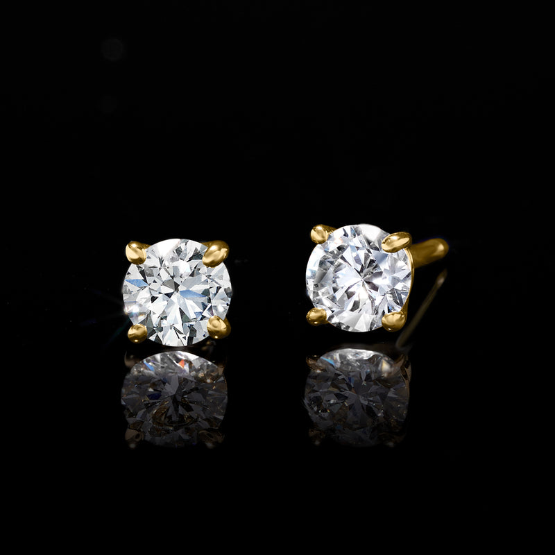 14kt yellow gold lab-grown diamond stud earrings, round stones in four-prong settings