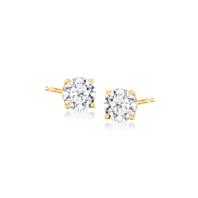 14kt yellow gold round diamond stud earrings, four-prong settings