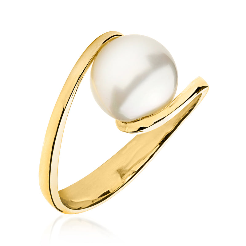 Cultured South Sea pearl ring with yellow gold band and large oval white pearl