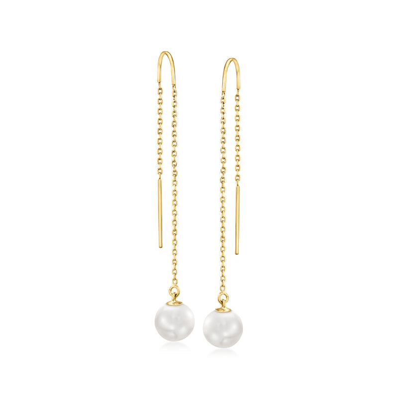 14kt yellow gold threader earrings with round cultured Akoya pearl drops