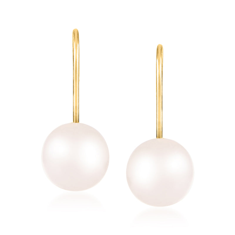 Cultured Akoya pearl drop earrings in 14kt yellow gold, leverback, round white pearls