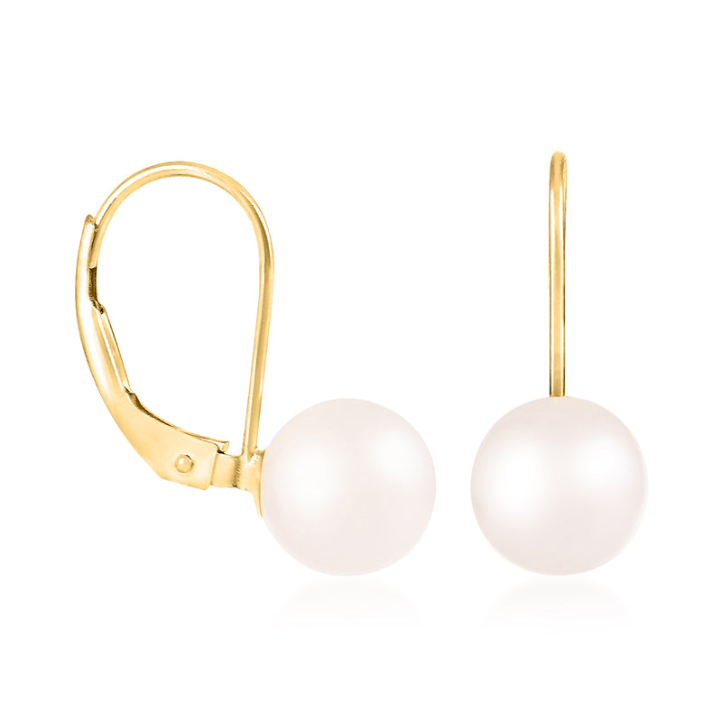 Cultured Akoya pearl earrings, 14kt yellow gold leverback with round white pearls, angled view