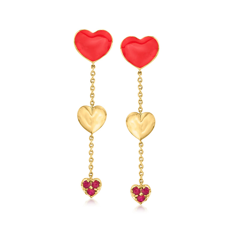 Gold drop earrings with red enamel hearts, dangling heart charms with purple stones