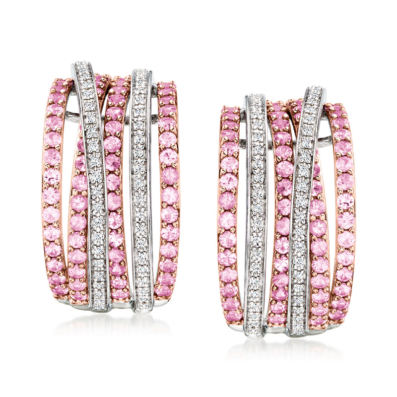 Two-tone sterling silver hoop earrings with pink sapphires and diamond accents