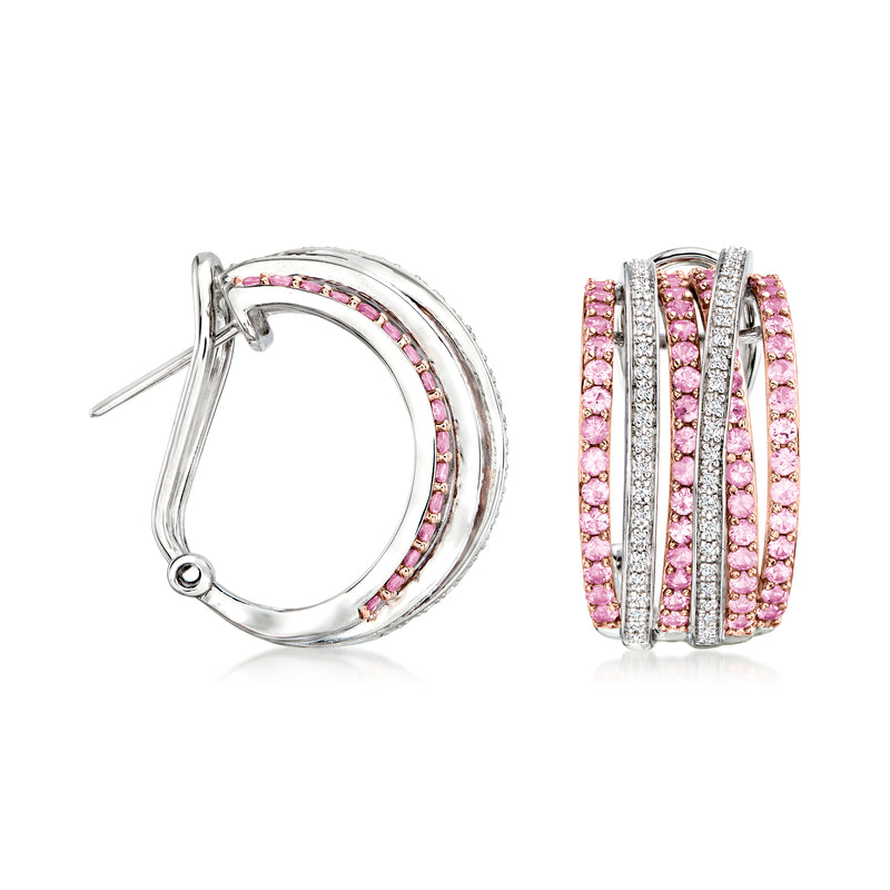 Two-tone sterling silver hoop earrings with pink sapphires and diamond accents, post back