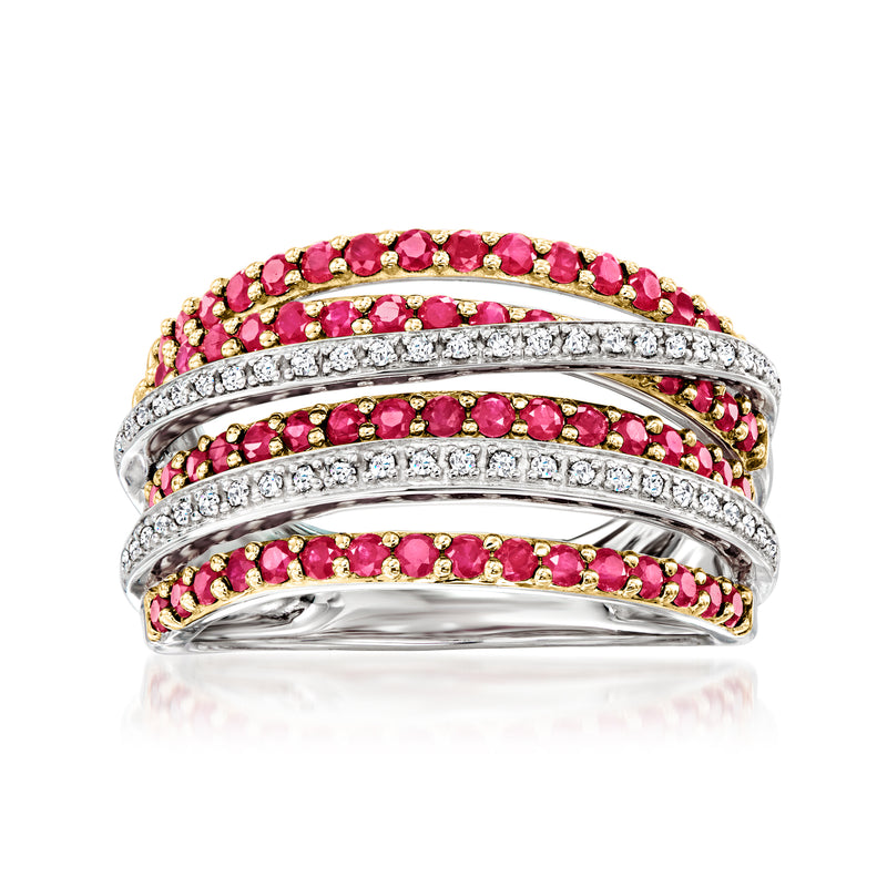 Ruby and diamond highway ring in sterling silver with rose-gold accents, multi-row band
