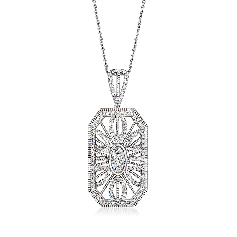 Sterling silver Art Deco-style diamond pendant necklace with oval center and geometric frame