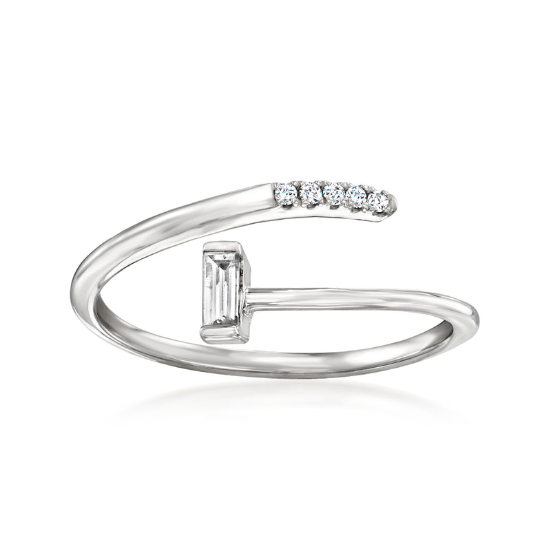 Sterling silver diamond bypass ring with baguette center and round pave accents