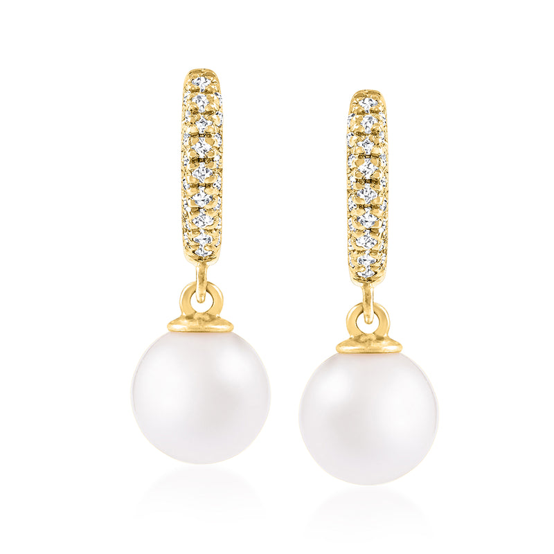 Cultured Akoya pearl and diamond hoop drop earrings in yellow gold