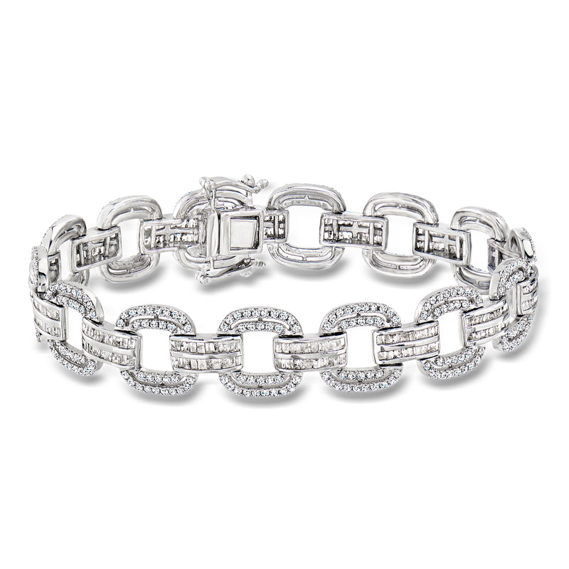 Sterling silver diamond link bracelet with geometric stone-set chain links and clasp