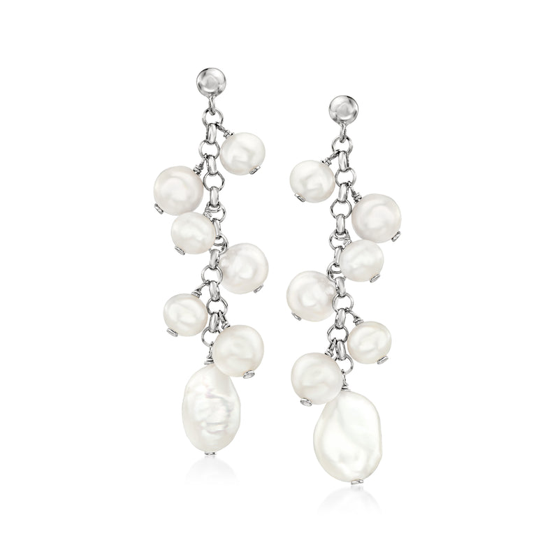 Sterling silver pearl drop earrings with clustered white cultured pearls, dangling chain