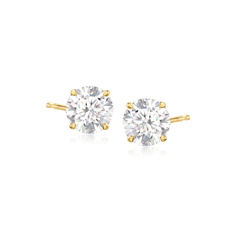 14kt yellow gold moissanite stud earrings, round stones, 3.00 ct total