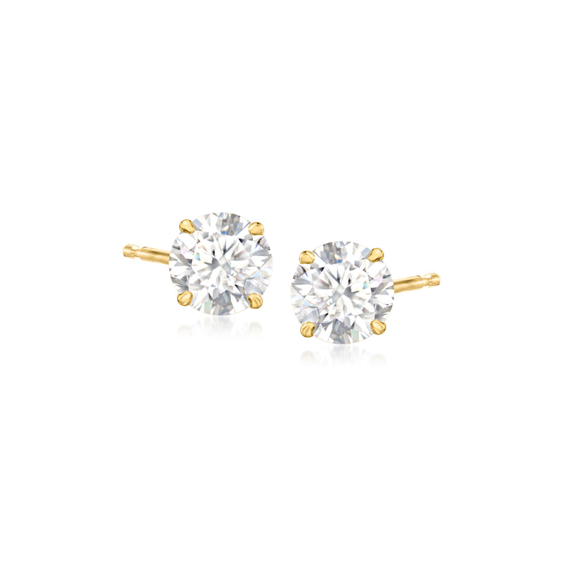 14kt yellow gold moissanite stud earrings with two round stones, sparkle front view
