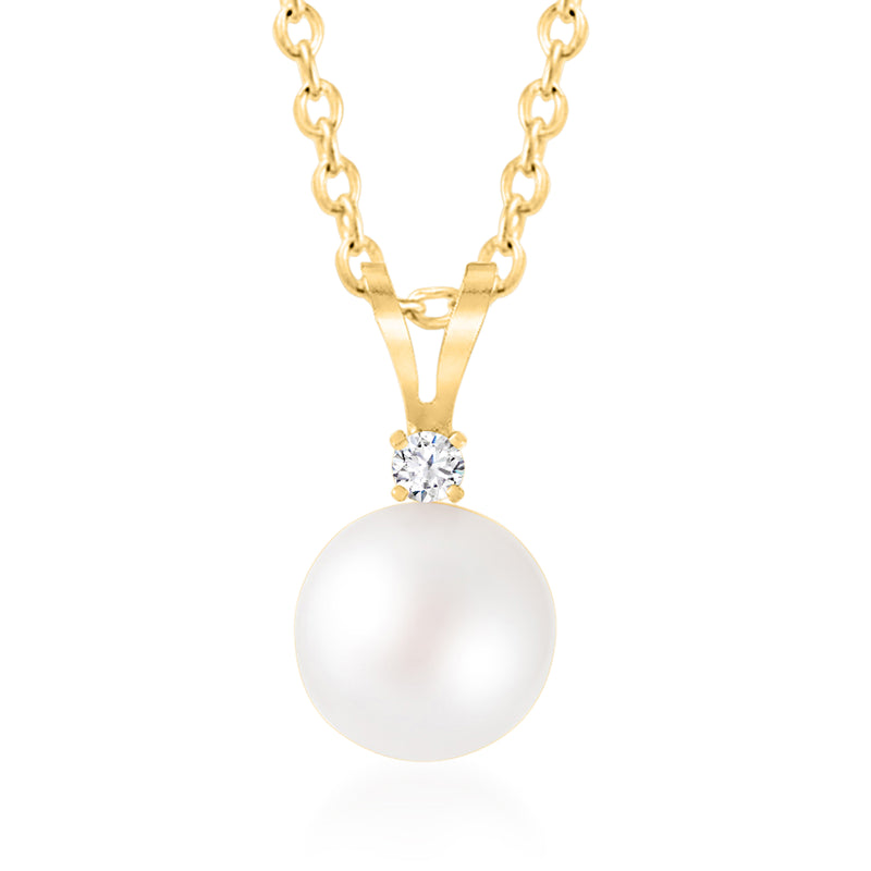 14kt yellow gold pendant necklace with round Akoya pearl and single diamond
