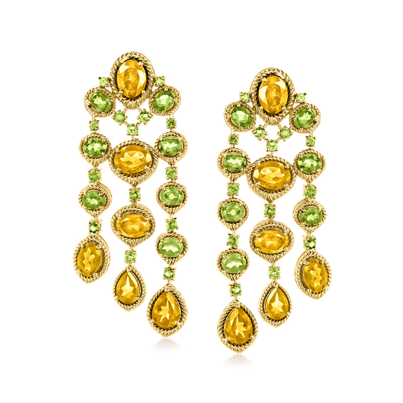 Gold chandelier drop earrings with yellow citrine and green peridot gemstones