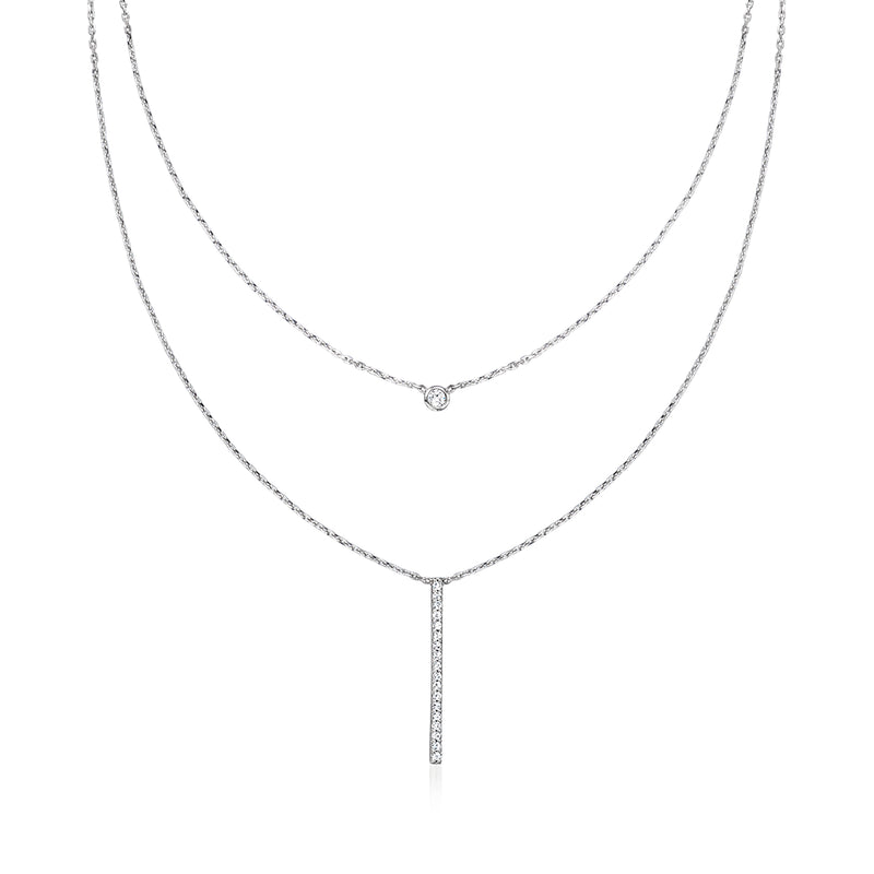 Sterling silver layered diamond linear necklace with small central pendant and round clasp