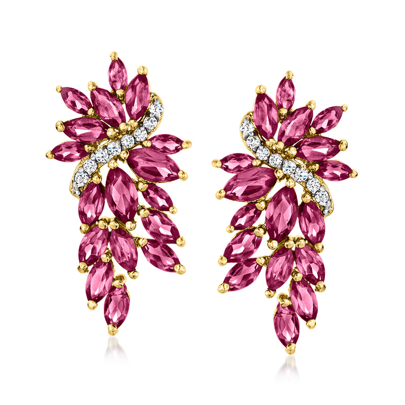 Gold cluster drop earrings with pink marquise rhodolite and white zircon accents