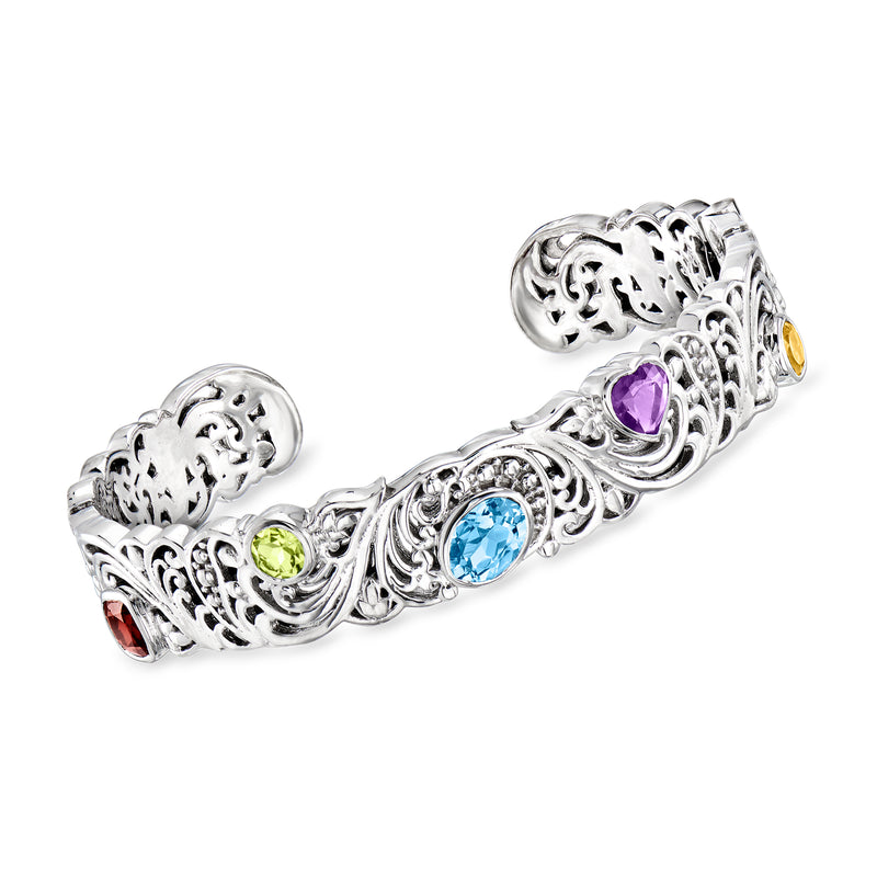 Sterling silver filigree cuff bracelet with multicolor gemstones (purple, blue, green)