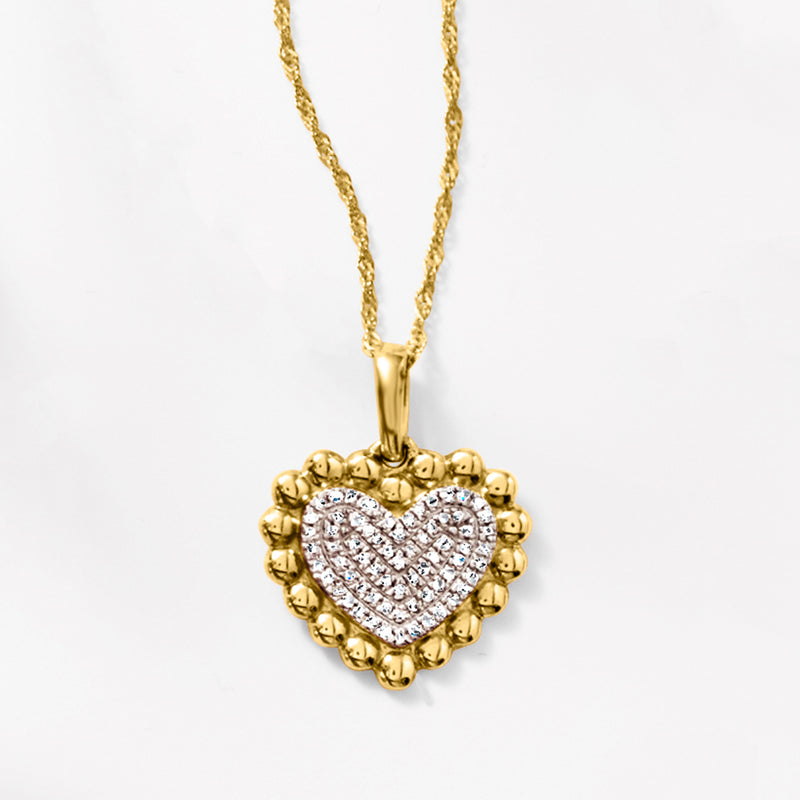 Yellow gold diamond beaded heart pendant necklace