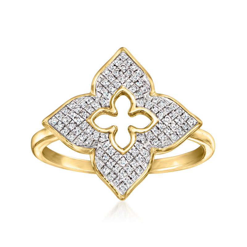 14kt yellow gold diamond floral ring with square pave halo