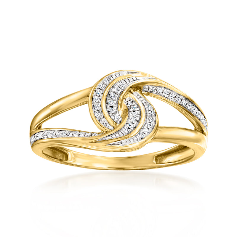 14kt yellow gold swirl interlocking diamond ring with channel-set stones