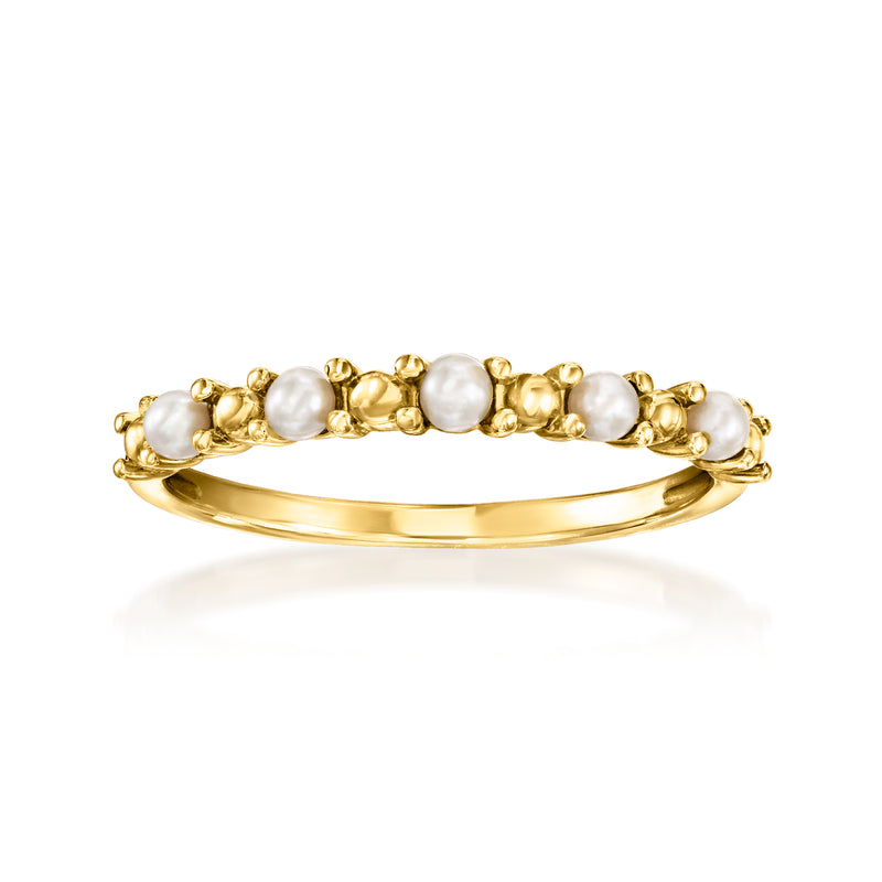 14kt yellow gold bead ring with round white cultured pearls along the band