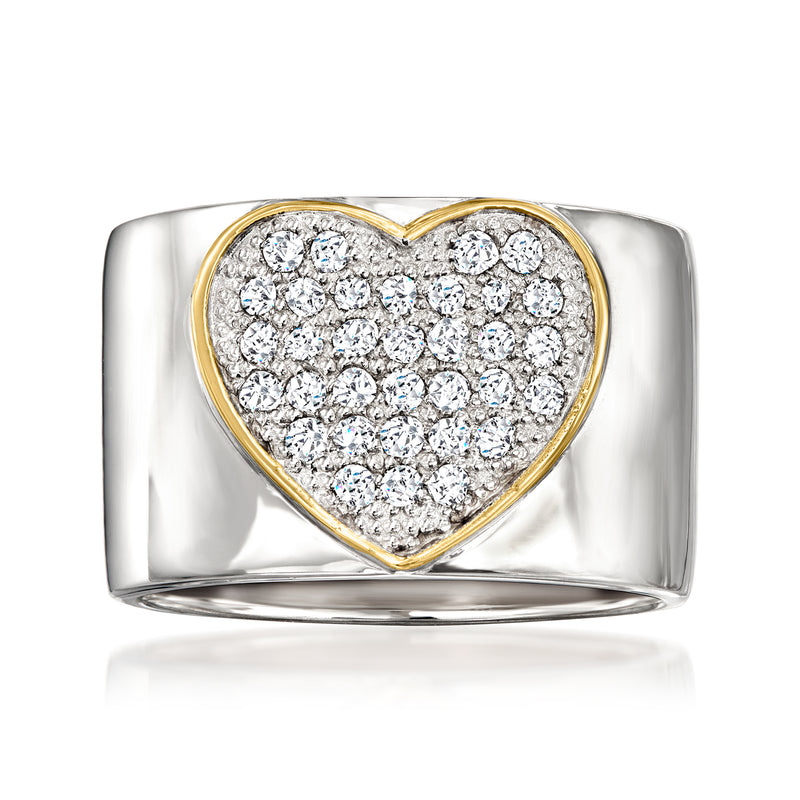 Heart-shaped pave diamond ring with yellow-gold border on sterling silver band