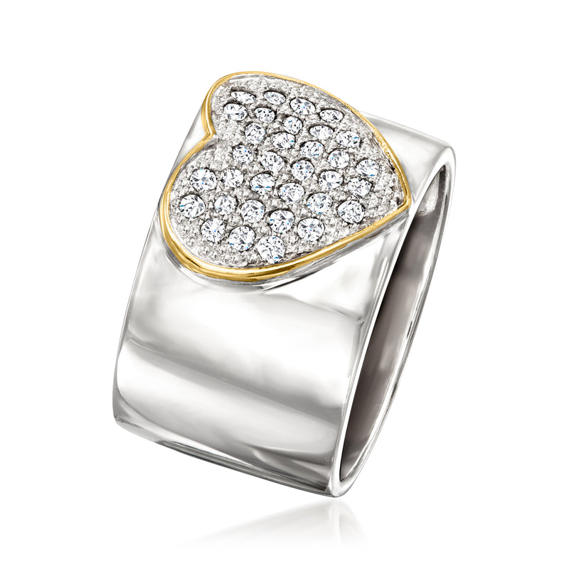 Side view of heart pave diamond ring with yellow-gold edge on sterling silver