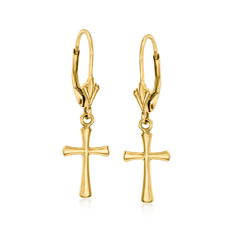 Yellow gold cross drop leverback earrings, dangling cross charm