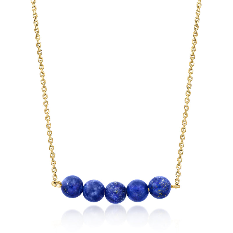 14kt yellow gold lapis bead necklace with five round blue beads
