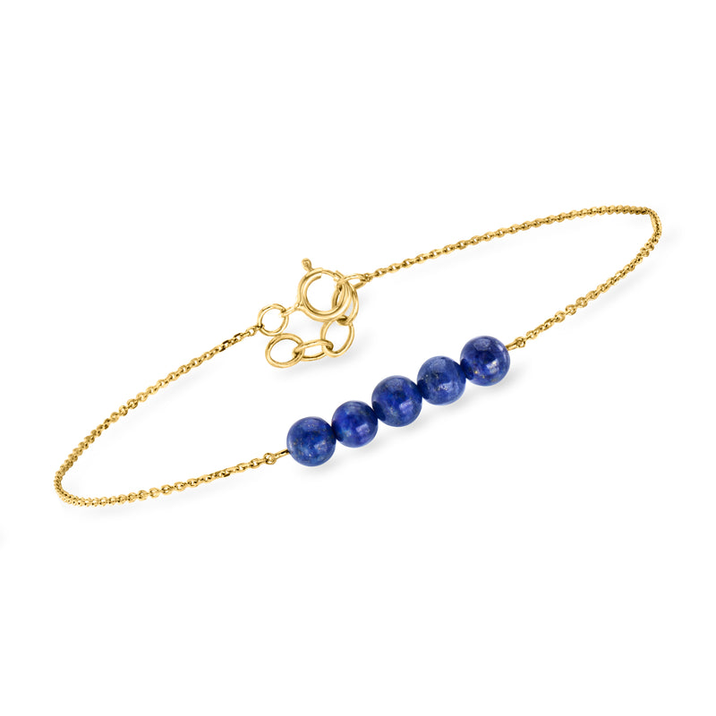14kt yellow gold lapis bead bracelet with round blue stone beads and spring-ring clasp