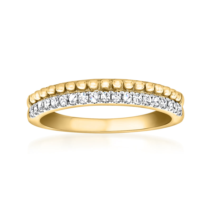 14kt yellow gold two-row beaded diamond ring with pave-set round stones, polished band